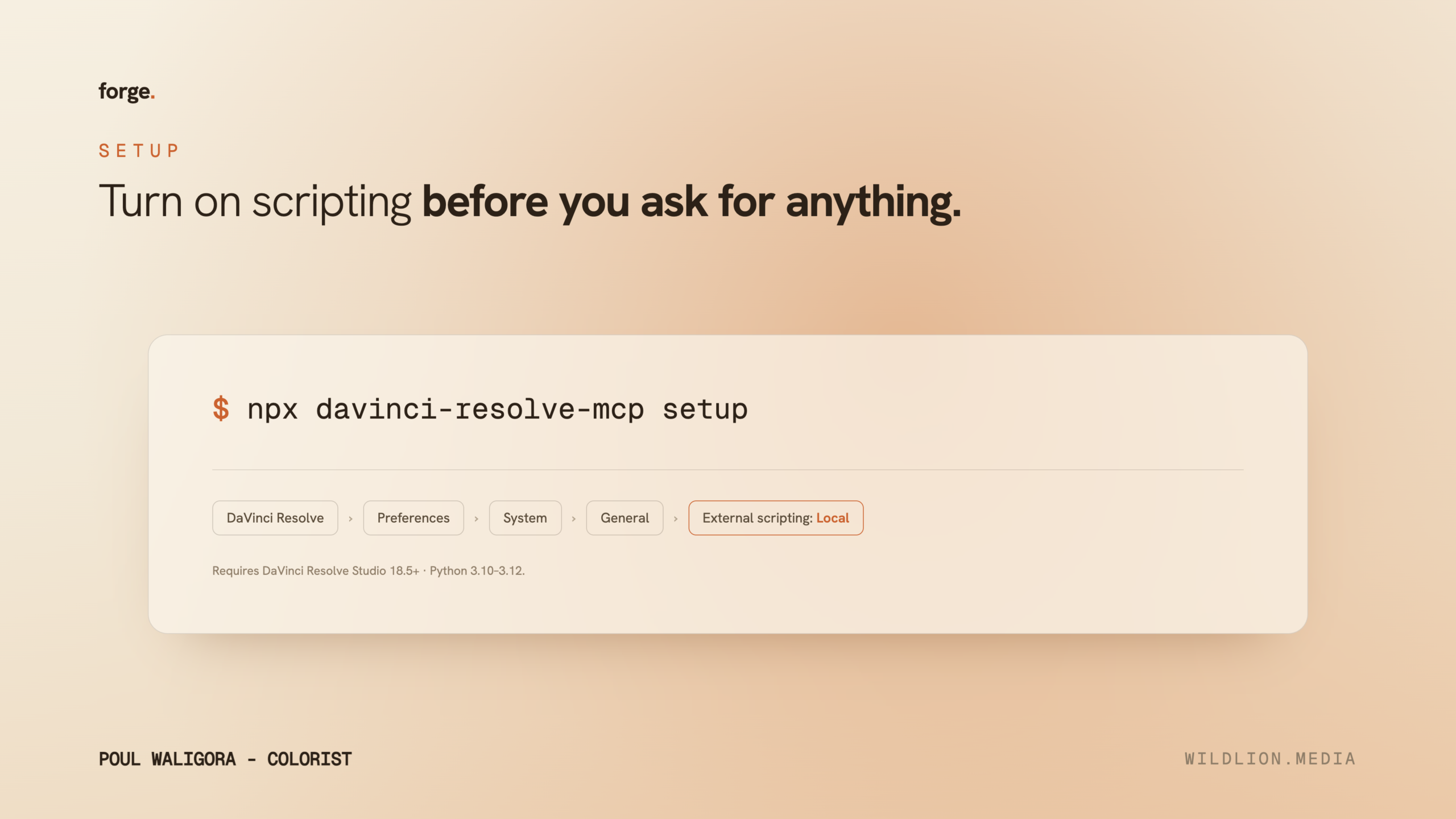 Setup screen showing how to enable External Scripting in DaVinci Resolve preferences to connect Claude Code via the davinci-resolve-mcp server.